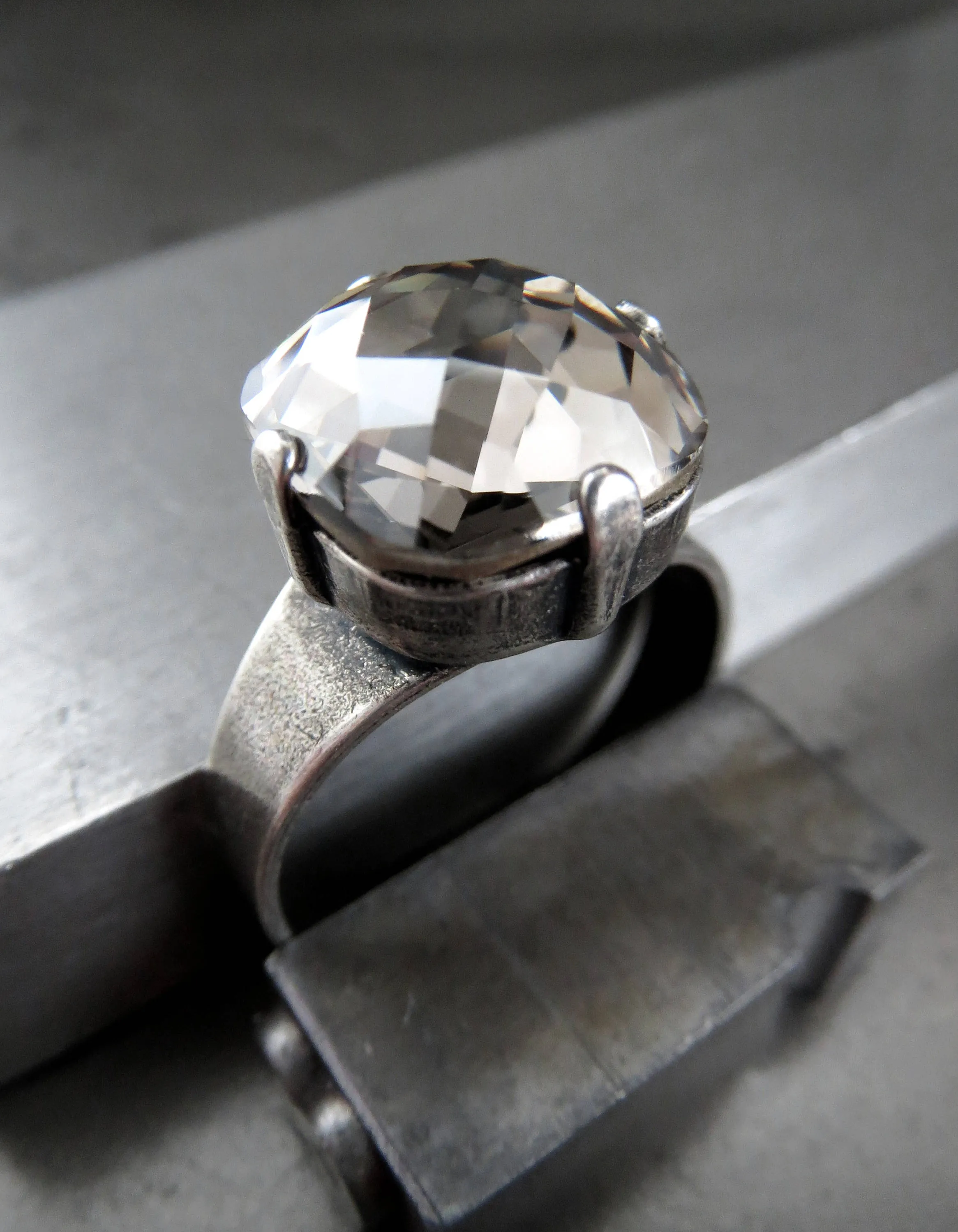 SILK SMOKE - Warm Silver Grey Crystal Ring - 2 Crystal Size Options