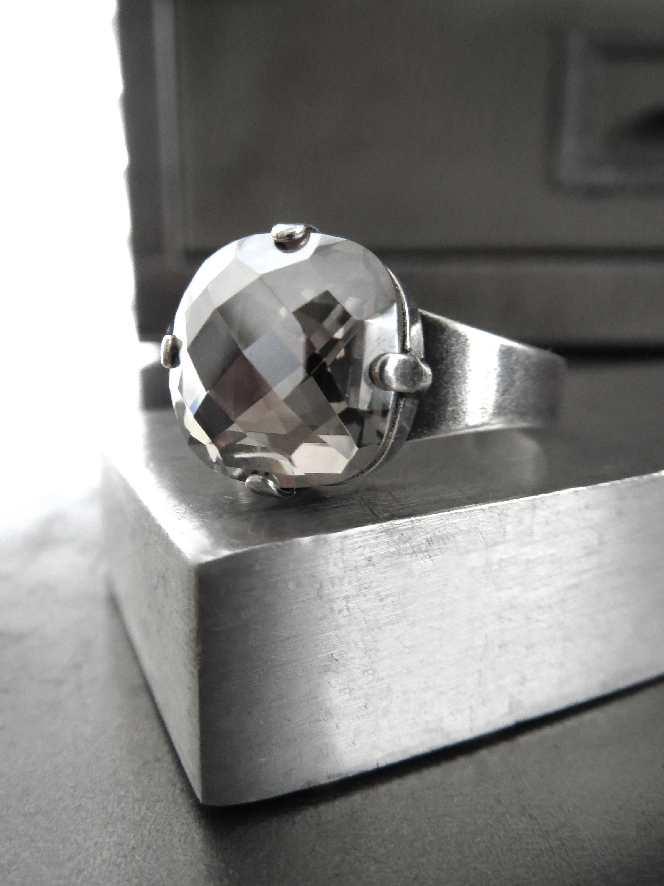 SILK SMOKE - Warm Silver Grey Crystal Ring - 2 Crystal Size Options