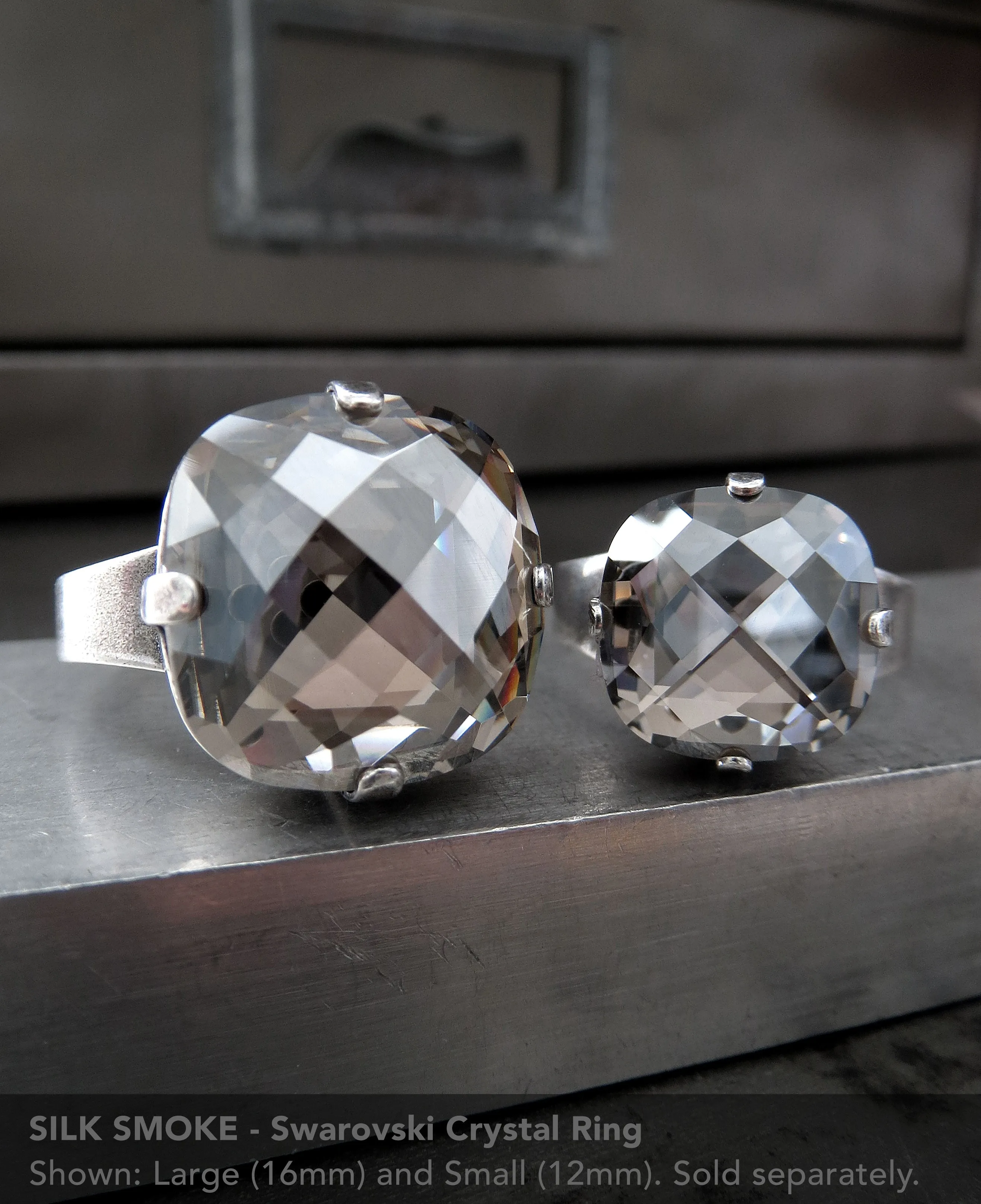 SILK SMOKE - Warm Silver Grey Crystal Ring - 2 Crystal Size Options