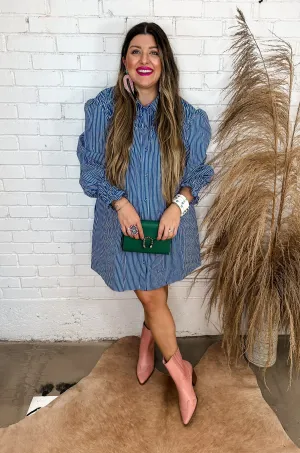 Smocked Striped Shirt Dress - Blue