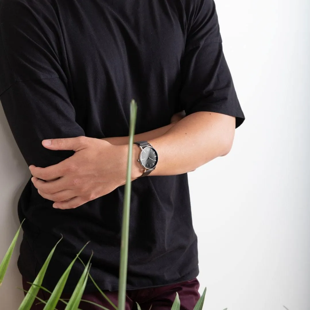 Solar Watch with Black & Silver Dial  | Grey Mesh Strap