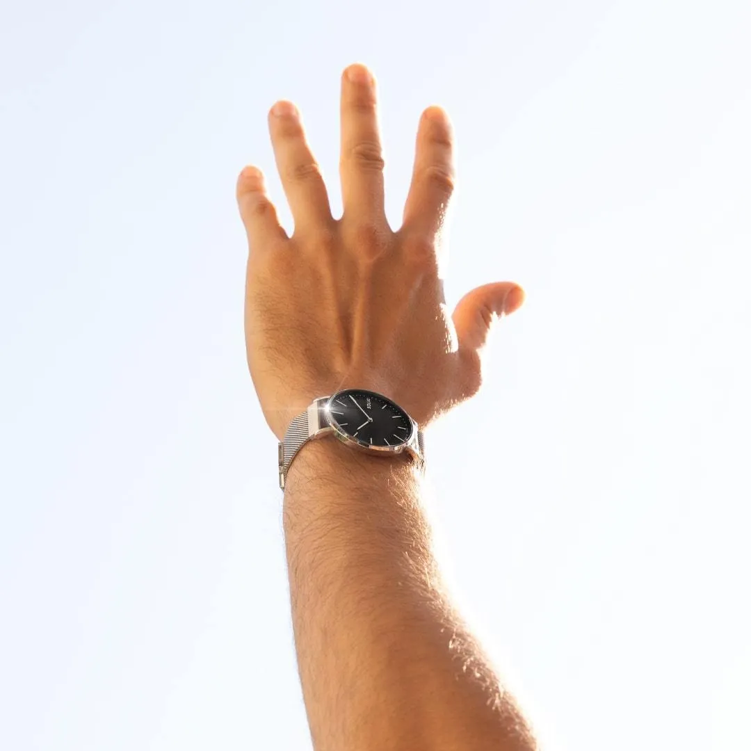 Solar Watch with Black & Silver Dial  | Grey Mesh Strap