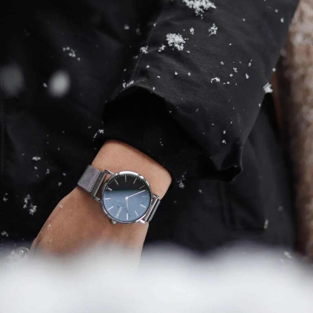 Solar Watch with Black & Silver Dial  | Grey Mesh Strap