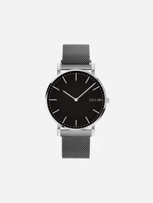 Solar Watch with Black & Silver Dial  | Grey Mesh Strap