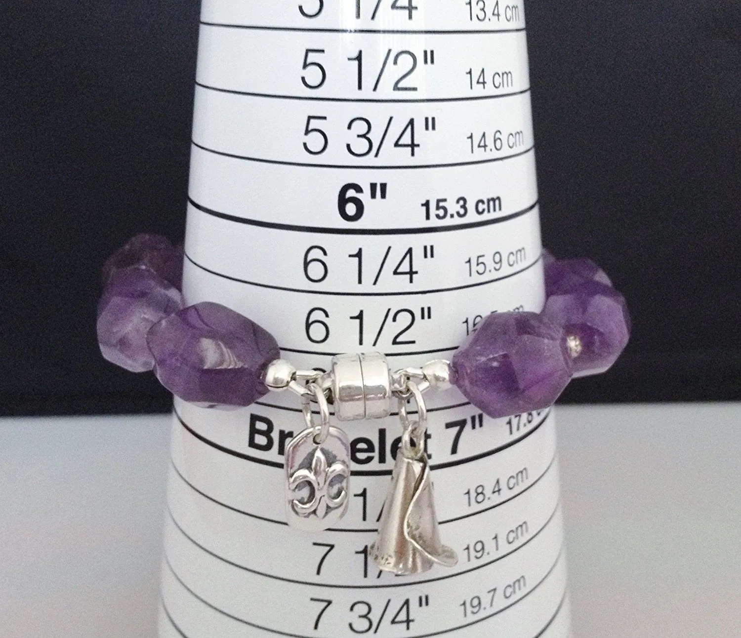 Sterling Silver and Natural Amethyst Bracelet with Charms and Magnetic Clasp Size 6 3/4 inch