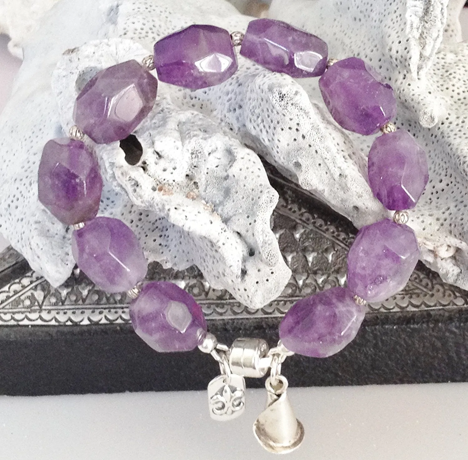 Sterling Silver and Natural Amethyst Bracelet with Charms and Magnetic Clasp Size 6 3/4 inch