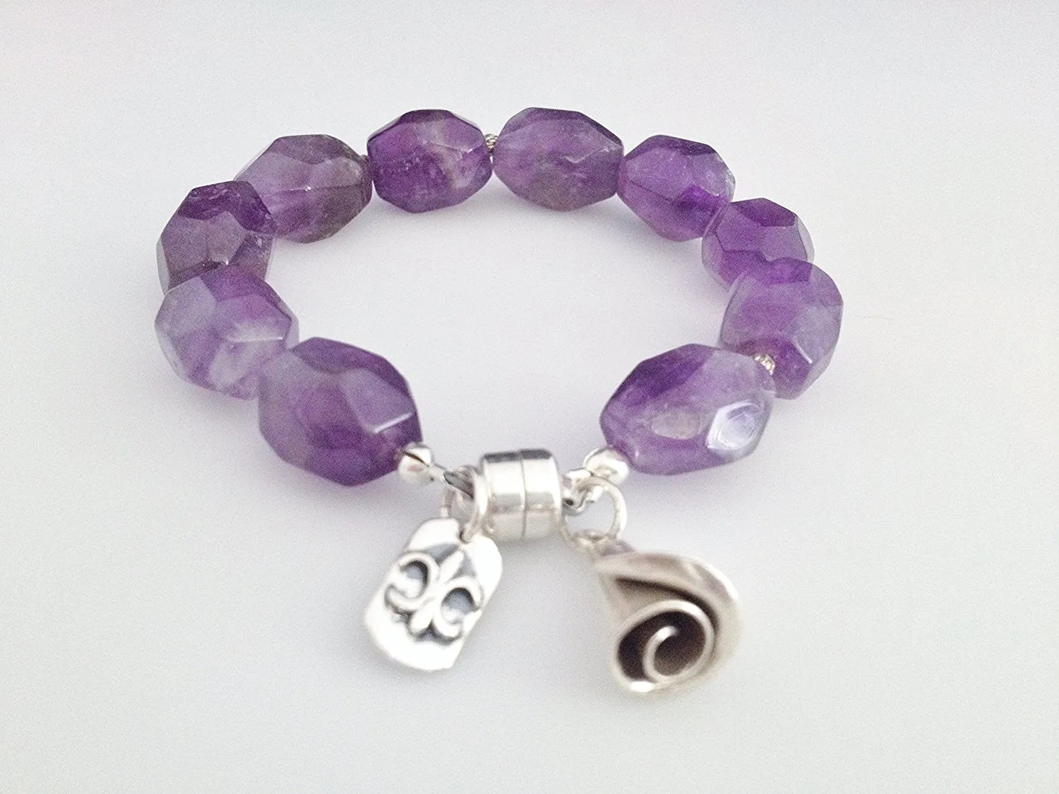 Sterling Silver and Natural Amethyst Bracelet with Charms and Magnetic Clasp Size 6 3/4 inch
