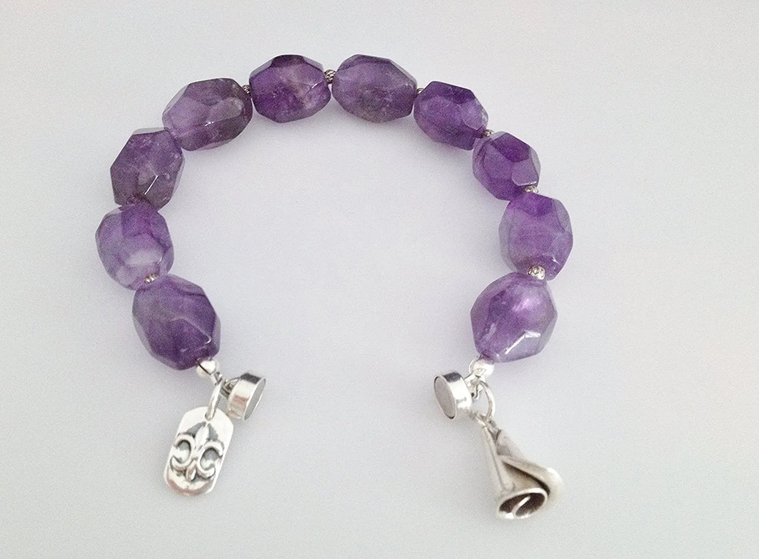 Sterling Silver and Natural Amethyst Bracelet with Charms and Magnetic Clasp Size 6 3/4 inch