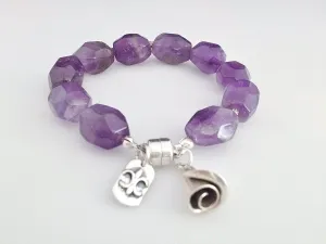 Sterling Silver and Natural Amethyst Bracelet with Charms and Magnetic Clasp Size 6 3/4 inch