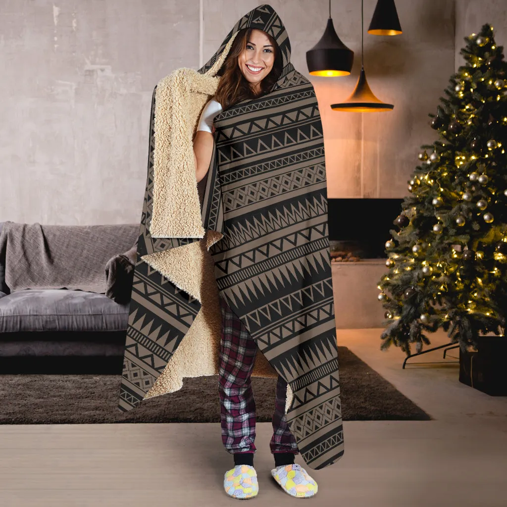 Stone Brown With Tribal Pattern Hooded Blanket Ethnic Aztec Design