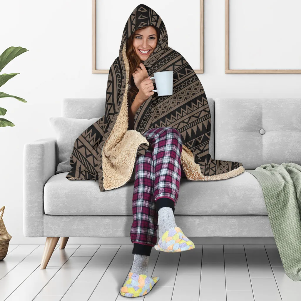 Stone Brown With Tribal Pattern Hooded Blanket Ethnic Aztec Design