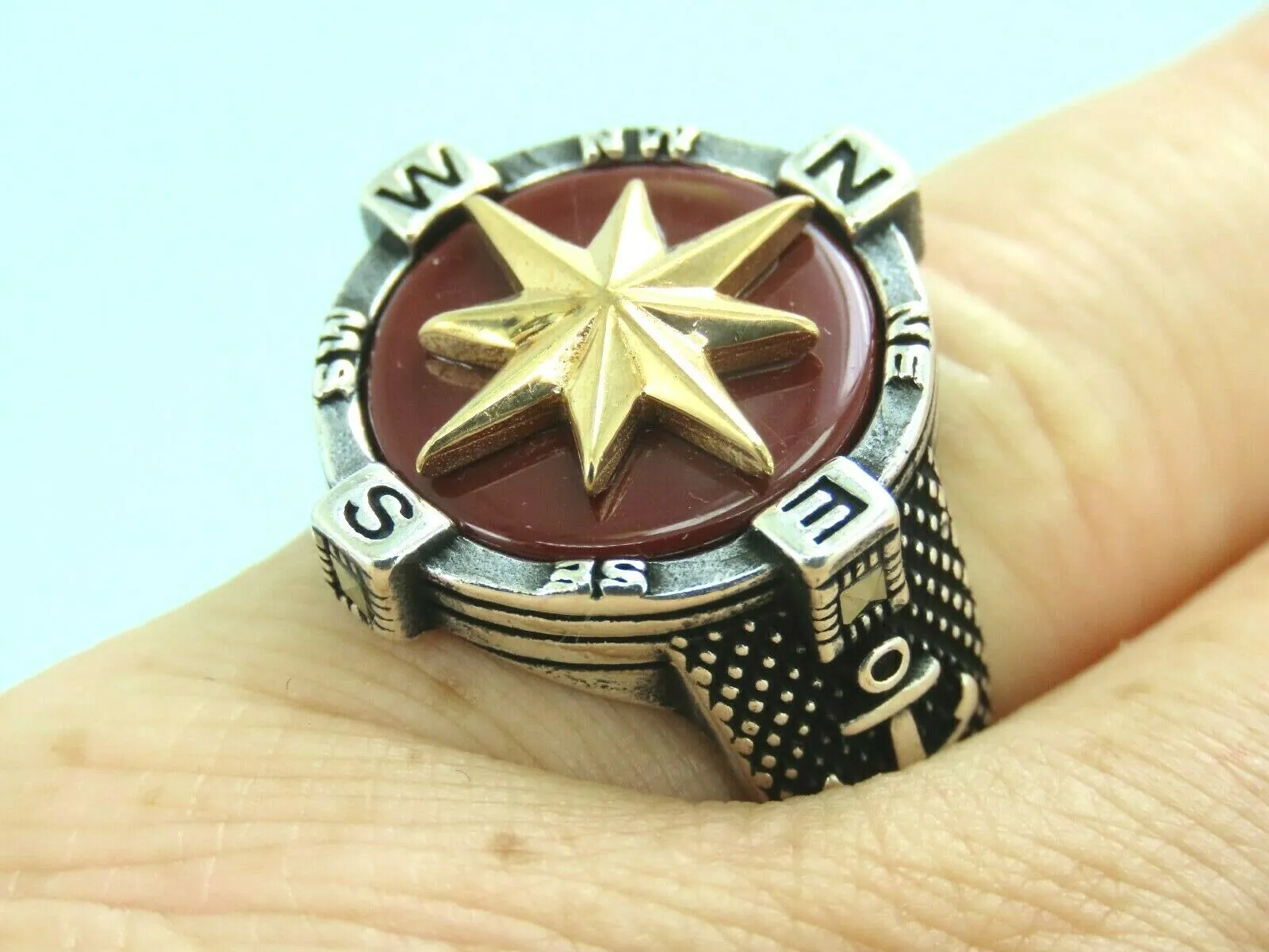 Turkish Handmade Jewelry 925 Sterling Silver Agate Stone Marine Design Mens Rings