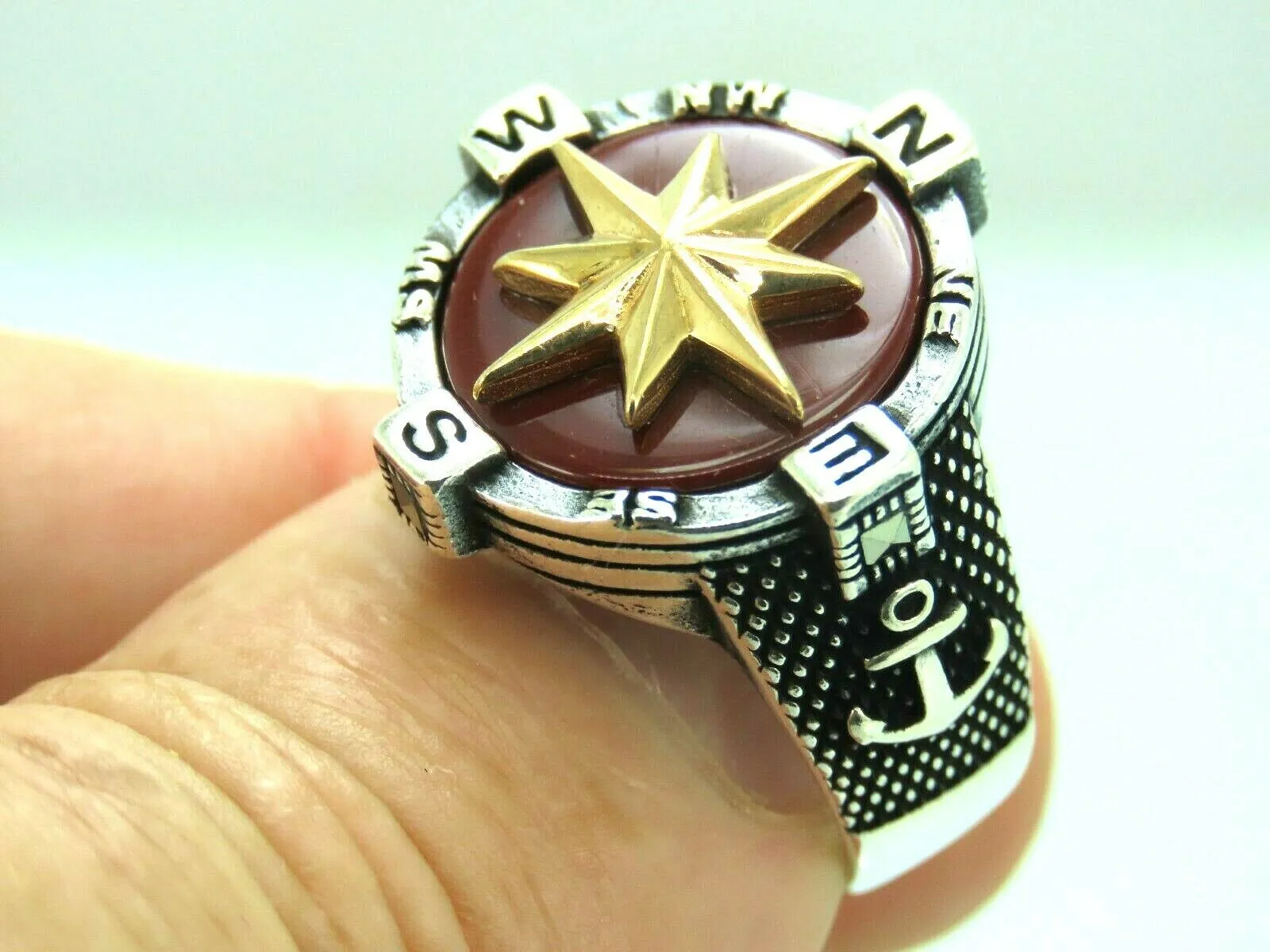 Turkish Handmade Jewelry 925 Sterling Silver Agate Stone Marine Design Mens Rings