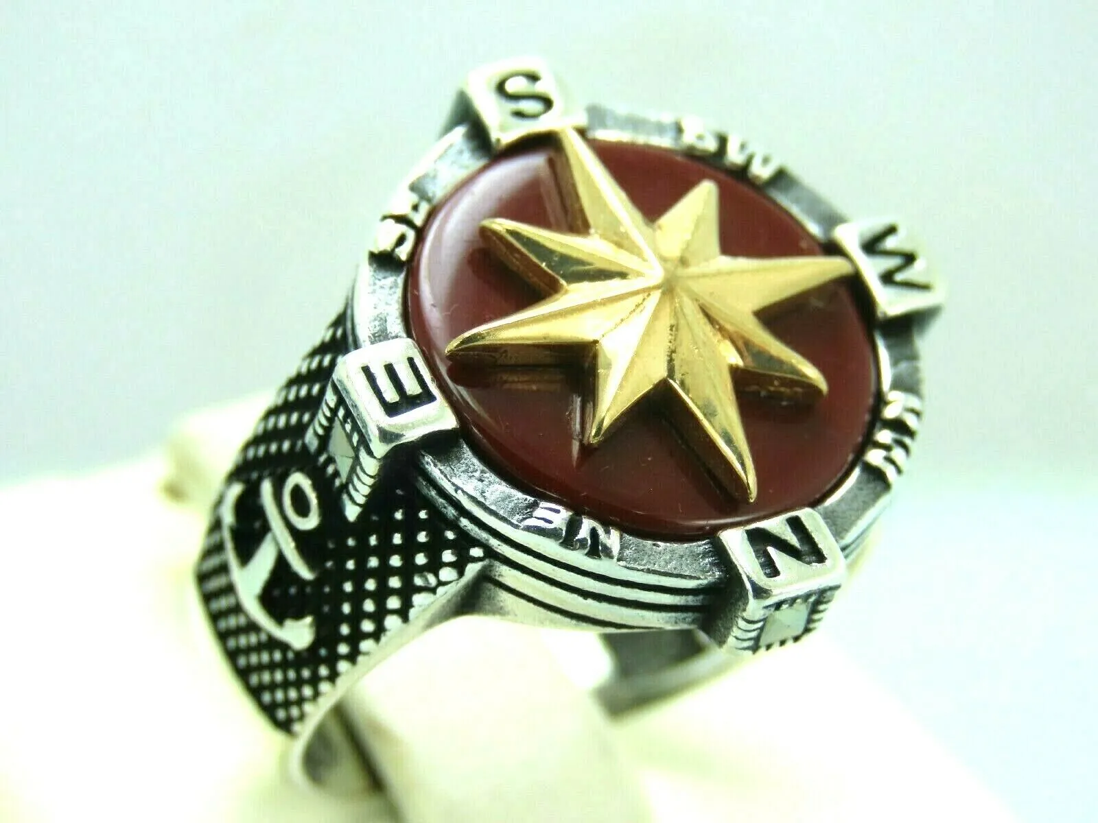 Turkish Handmade Jewelry 925 Sterling Silver Agate Stone Marine Design Mens Rings
