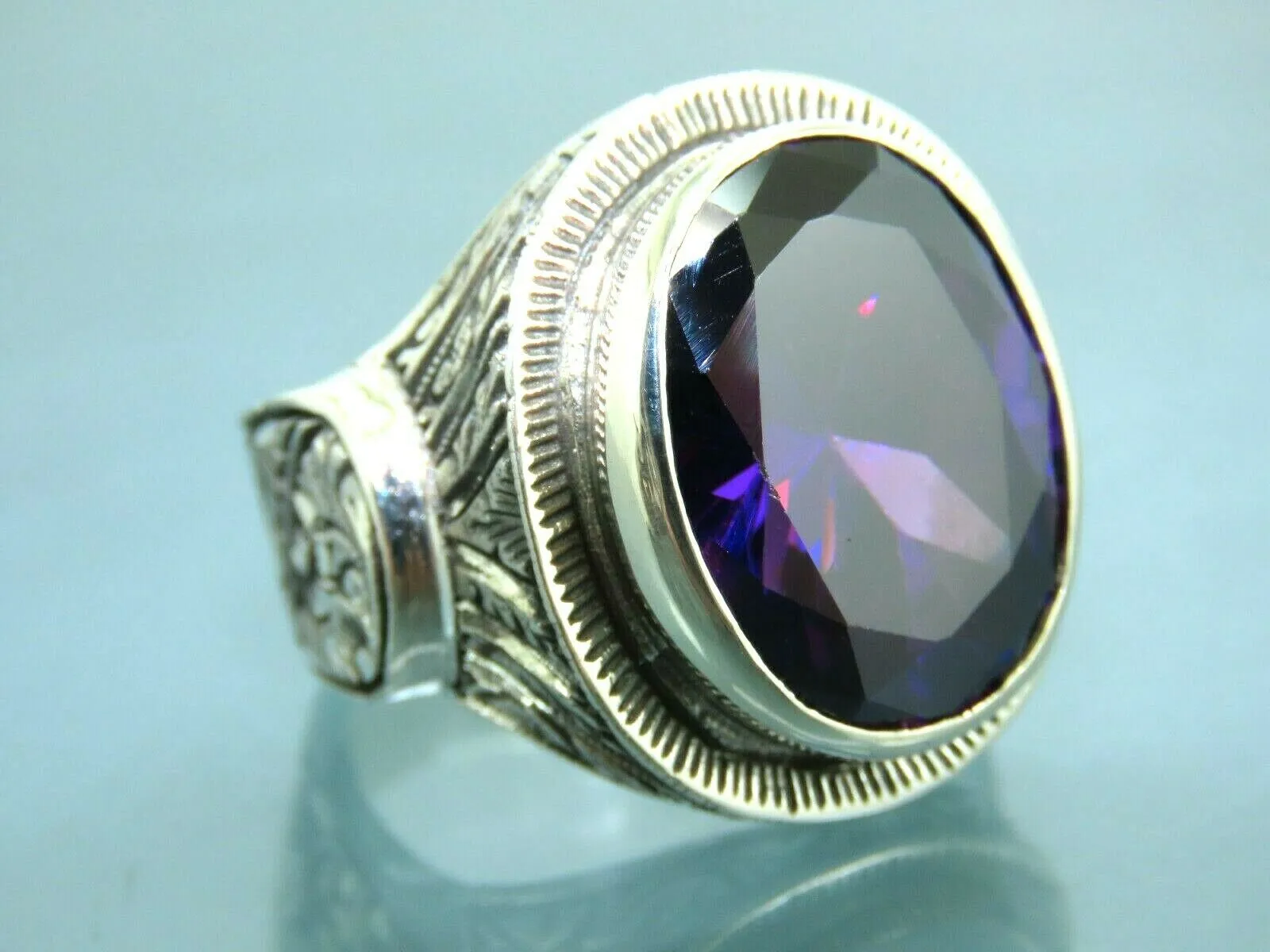 Turkish Handmade Jewelry 925 Sterling Silver Amethyst Stone Engraved Mens Rings