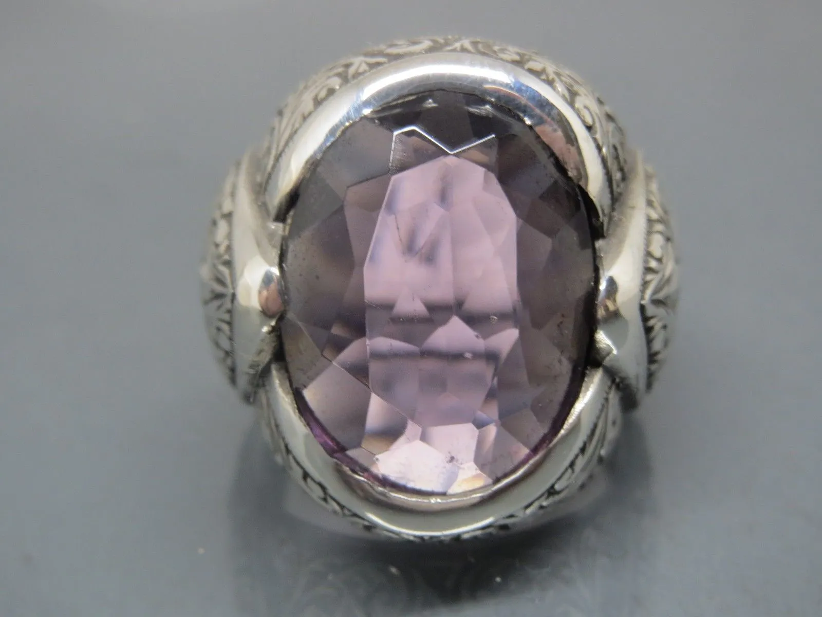 Turkish Handmade Jewelry 925 Sterling Silver Amethyst Stone Engraved Mens Rings