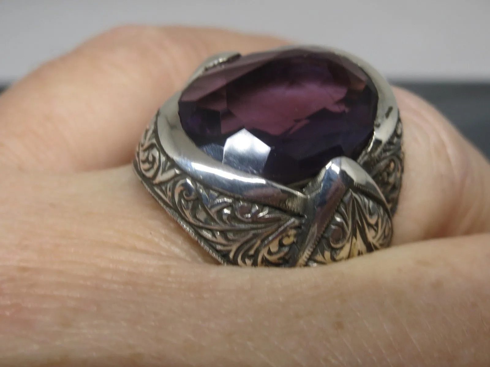 Turkish Handmade Jewelry 925 Sterling Silver Amethyst Stone Engraved Mens Rings