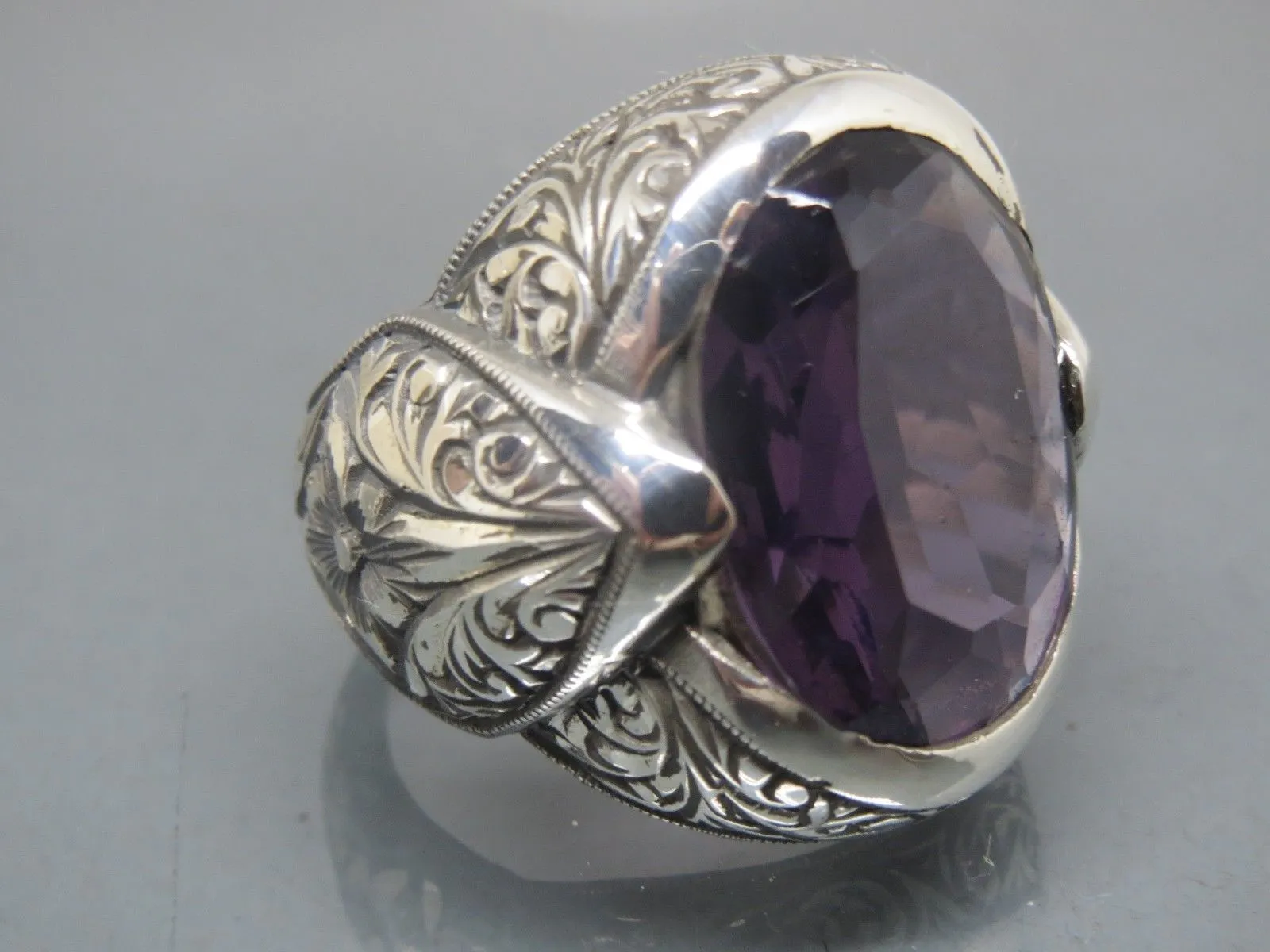 Turkish Handmade Jewelry 925 Sterling Silver Amethyst Stone Engraved Mens Rings