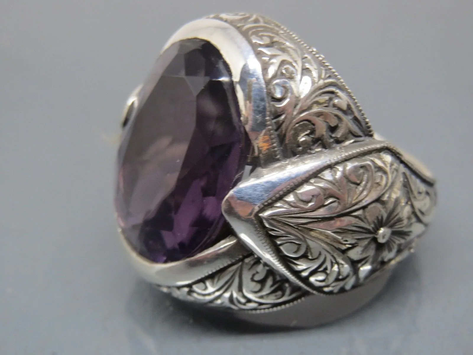 Turkish Handmade Jewelry 925 Sterling Silver Amethyst Stone Engraved Mens Rings