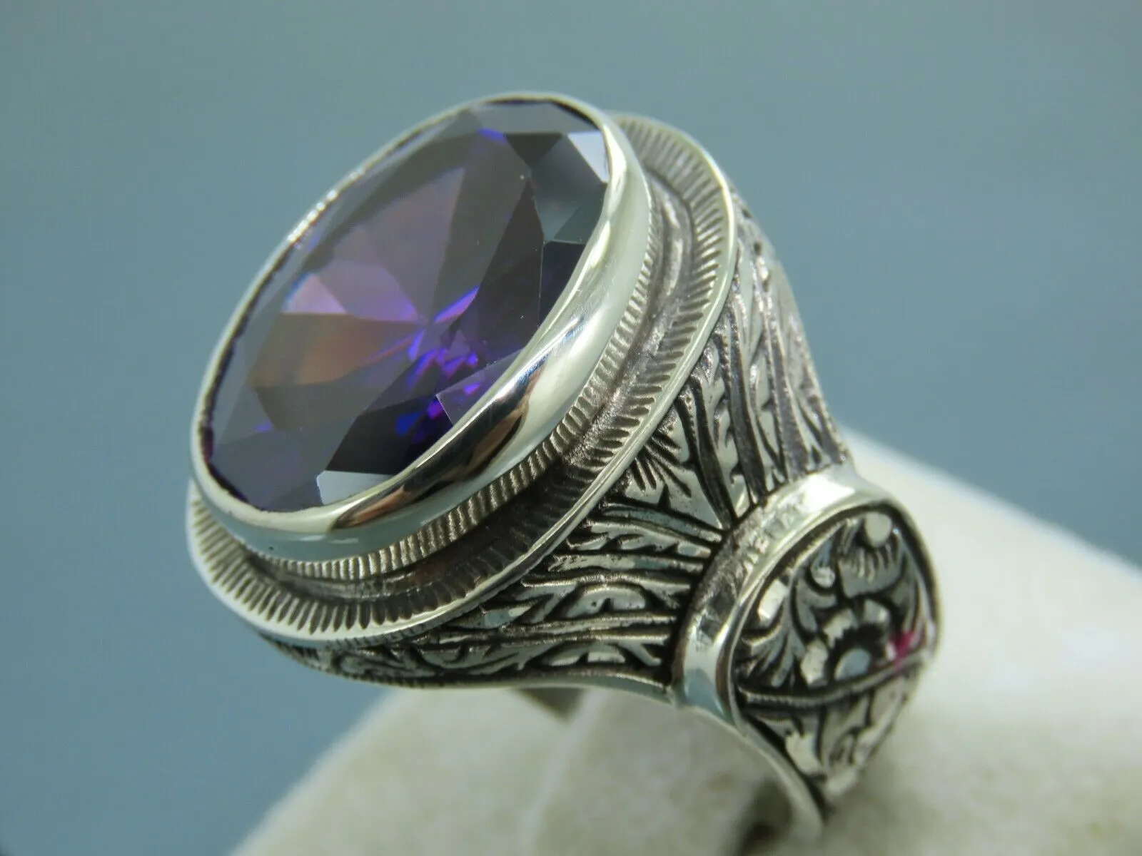 Turkish Handmade Jewelry 925 Sterling Silver Amethyst Stone Engraved Mens Rings