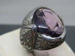 Turkish Handmade Jewelry 925 Sterling Silver Amethyst Stone Engraved Mens Rings