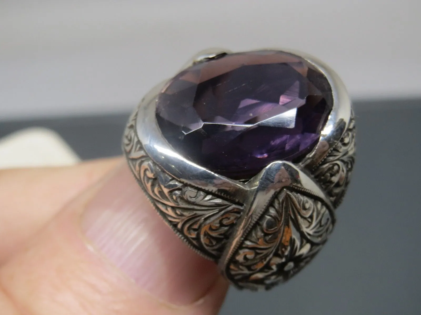 Turkish Handmade Jewelry 925 Sterling Silver Amethyst Stone Engraved Mens Rings