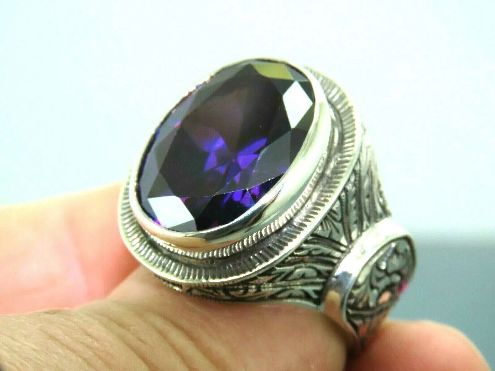 Turkish Handmade Jewelry 925 Sterling Silver Amethyst Stone Engraved Mens Rings