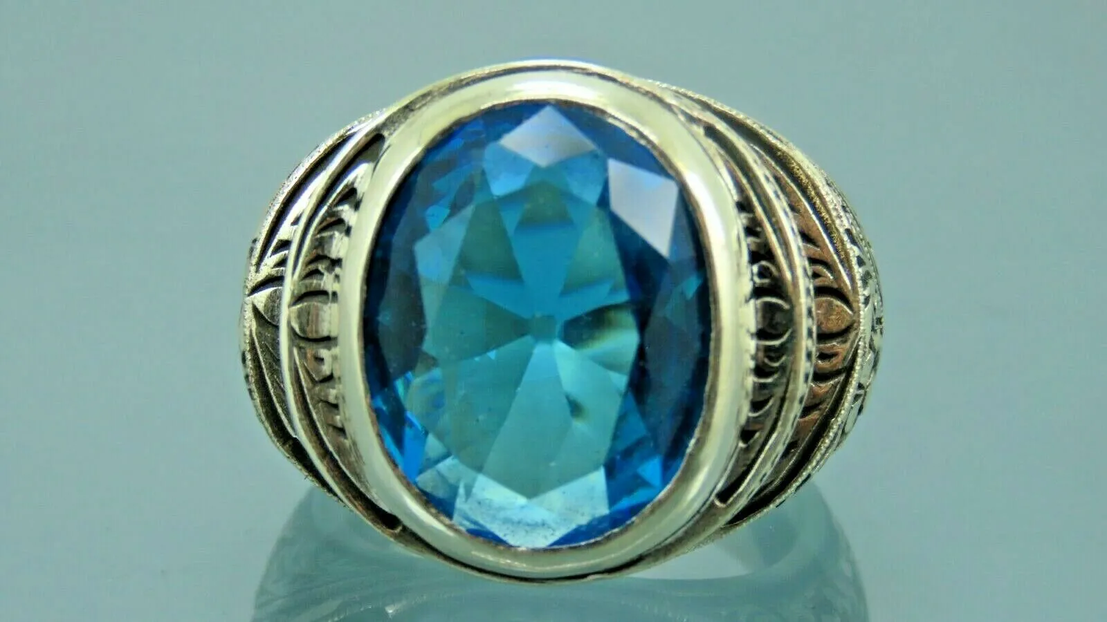 Turkish Handmade Jewelry 925 Sterling Silver Aquamarine Stone Engraved Mens Rings