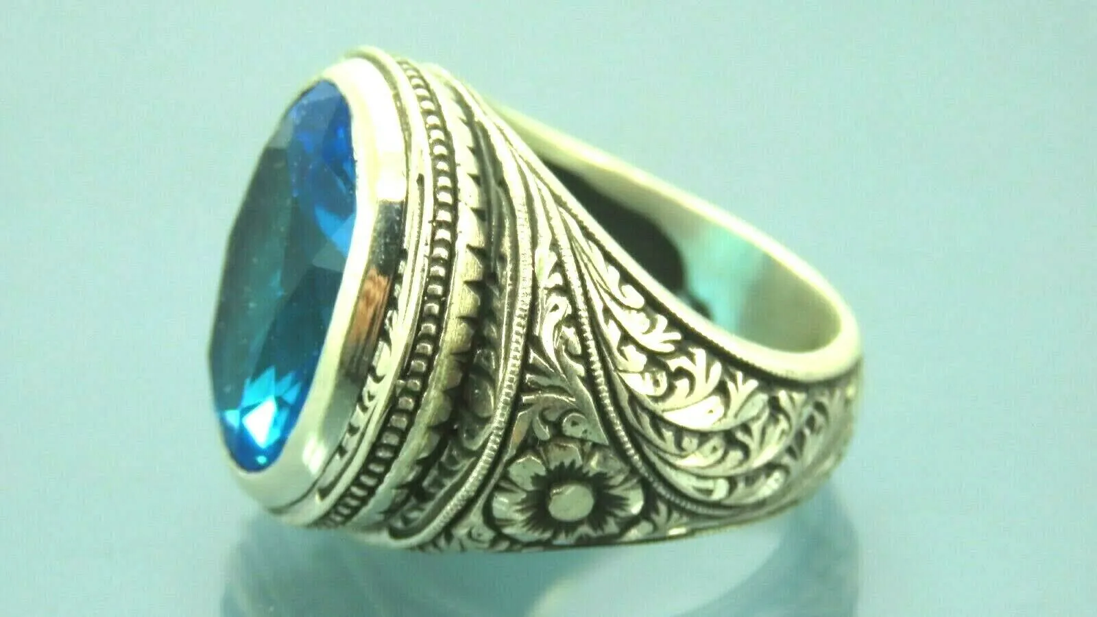 Turkish Handmade Jewelry 925 Sterling Silver Aquamarine Stone Engraved Mens Rings