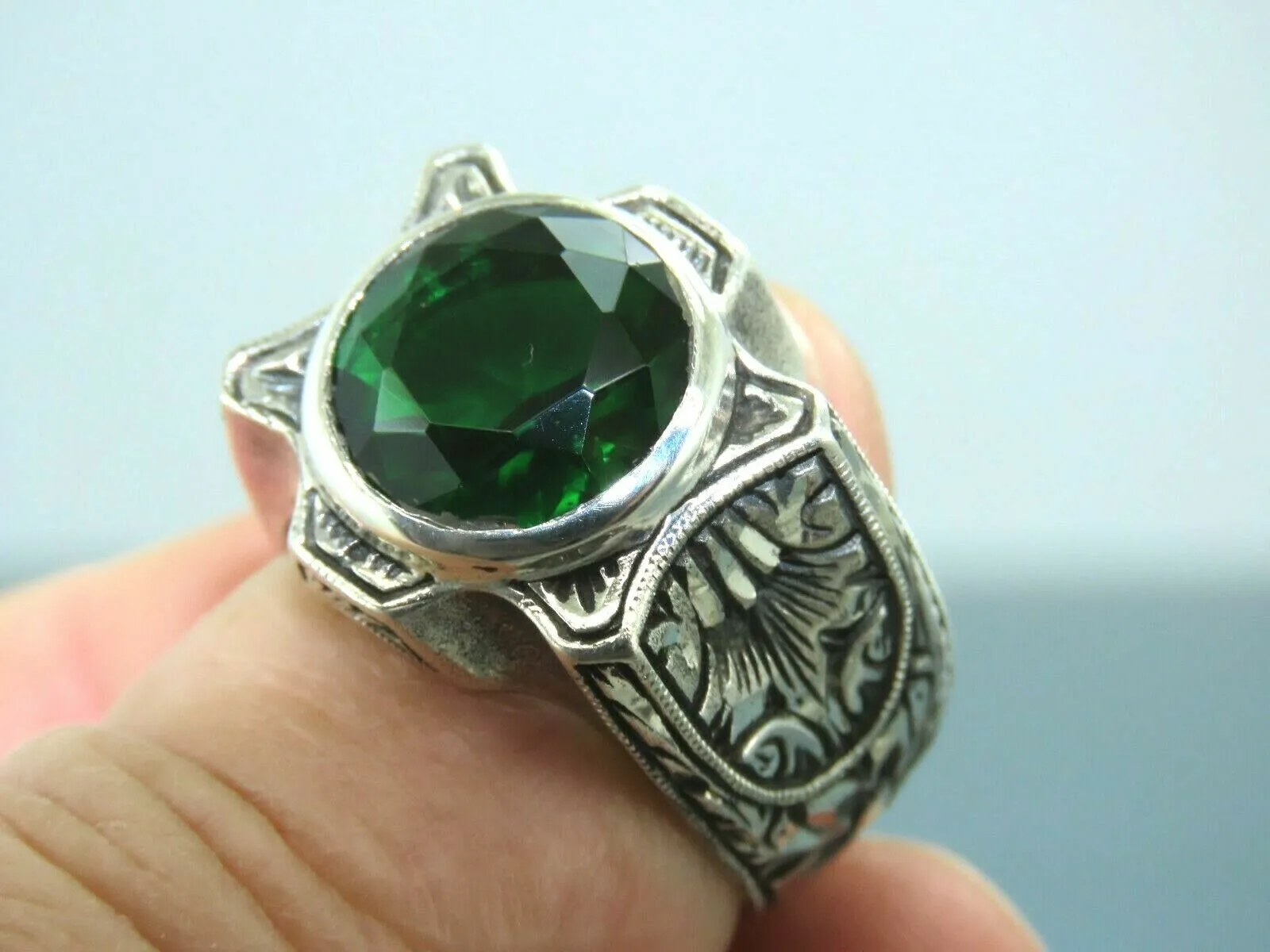 Turkish Handmade Jewelry 925 Sterling Silver Emerald Stone Mens Rings