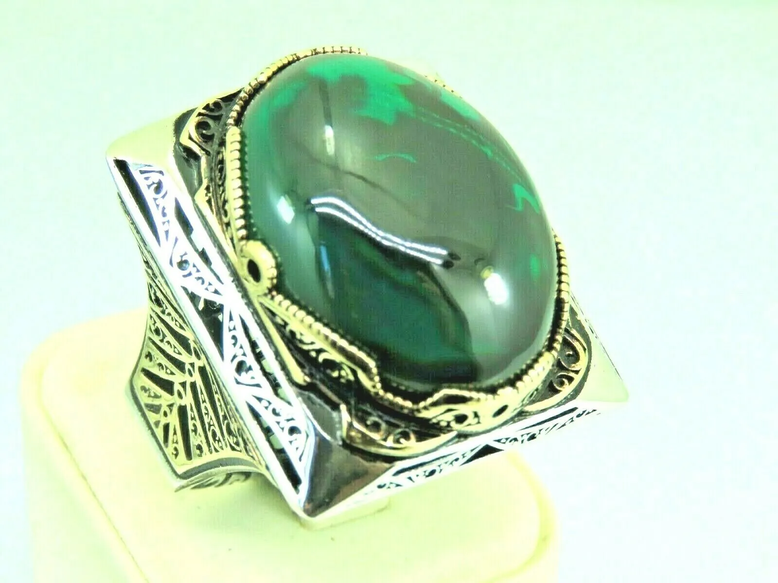Turkish Handmade Jewelry 925 Sterling Silver Emerald Stone Mens Rings