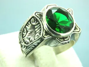 Turkish Handmade Jewelry 925 Sterling Silver Emerald Stone Mens Rings