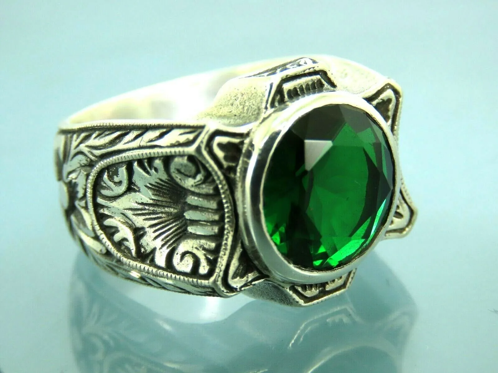 Turkish Handmade Jewelry 925 Sterling Silver Emerald Stone Mens Rings