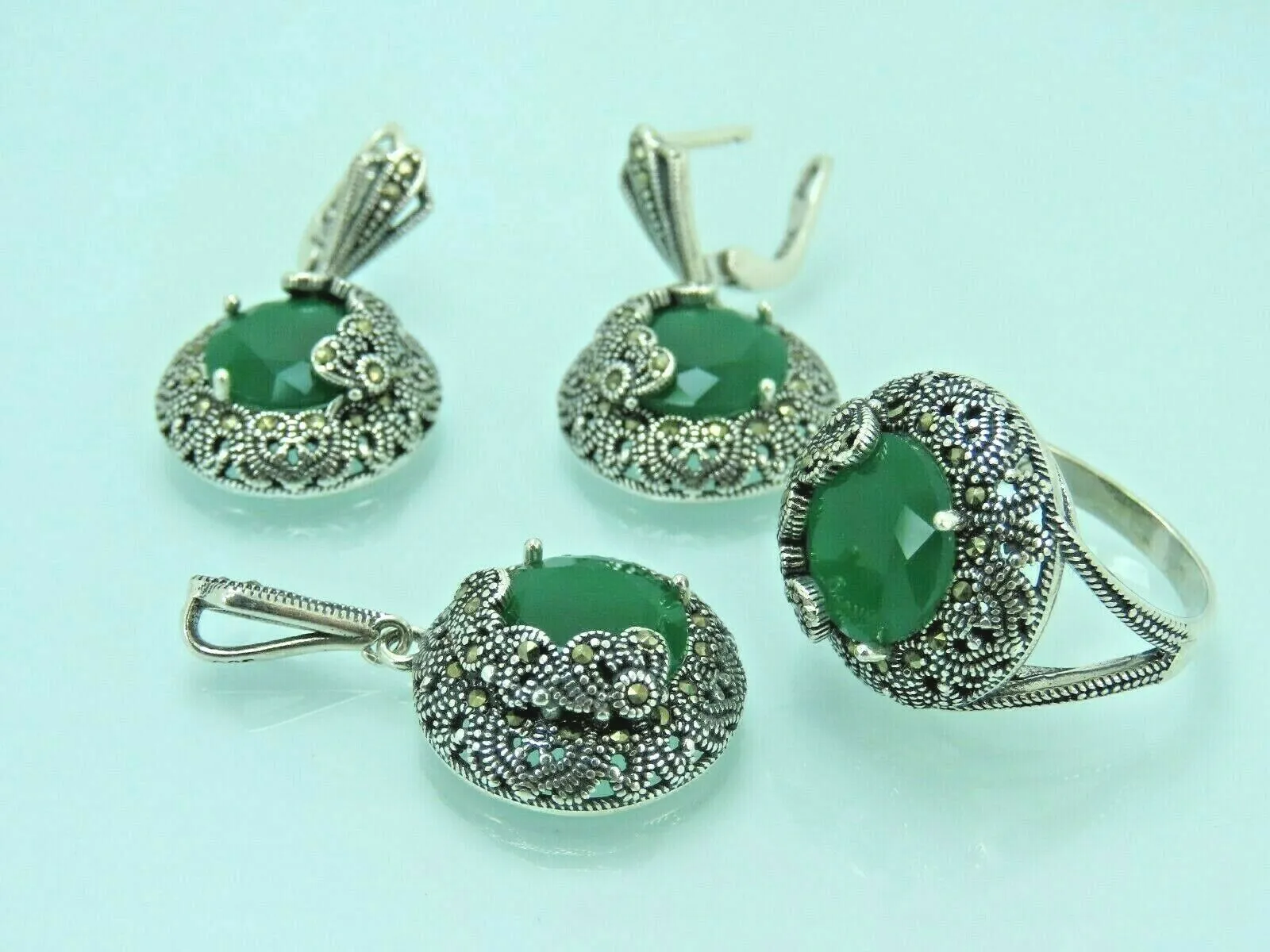 Turkish Handmade Jewelry 925 Sterling Silver Emerald Stone Women's Earrings, Pendant & Ring Jewelry Set