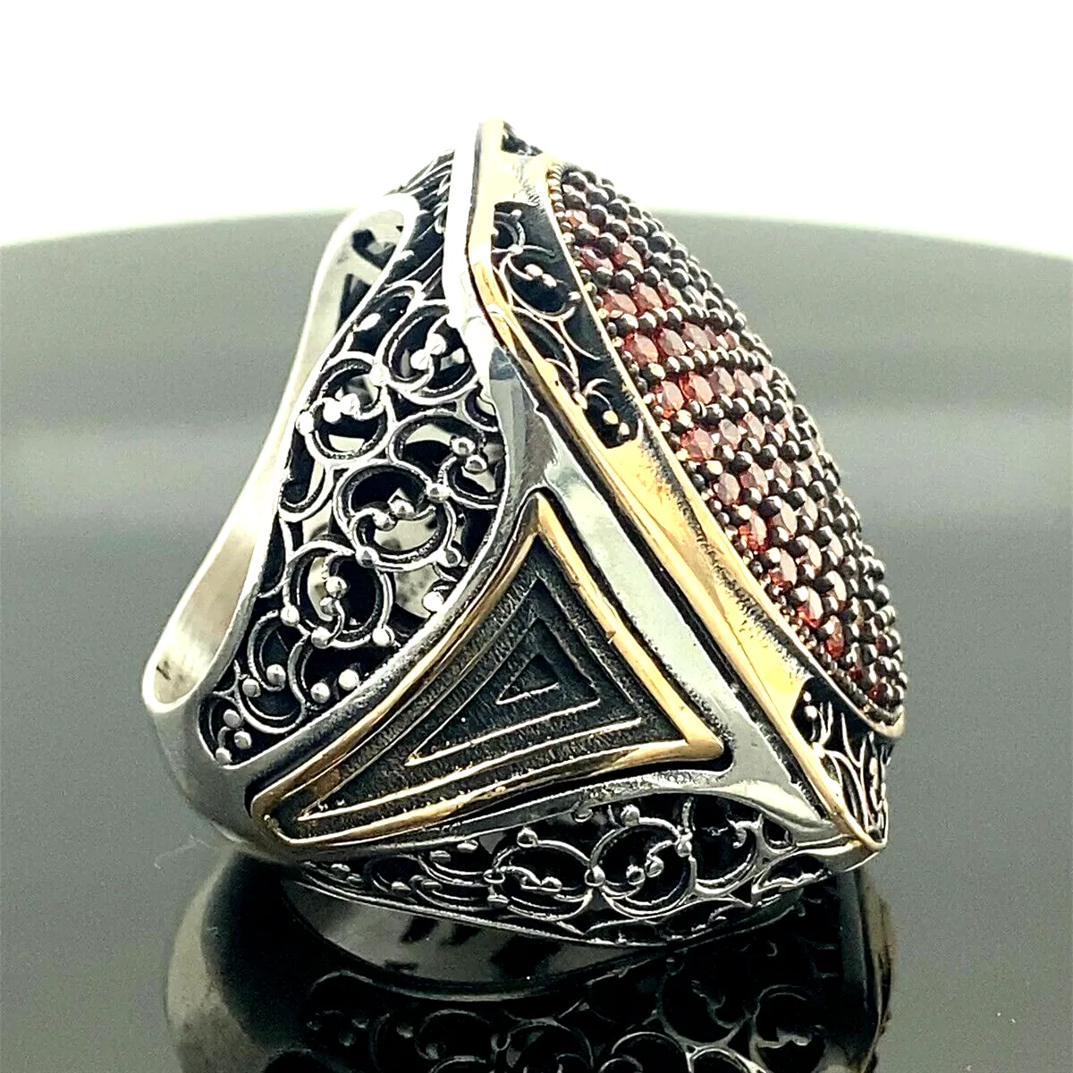 Turkish Handmade Jewelry 925 Sterling Silver Garnet Stone Engraved Mens Rings
