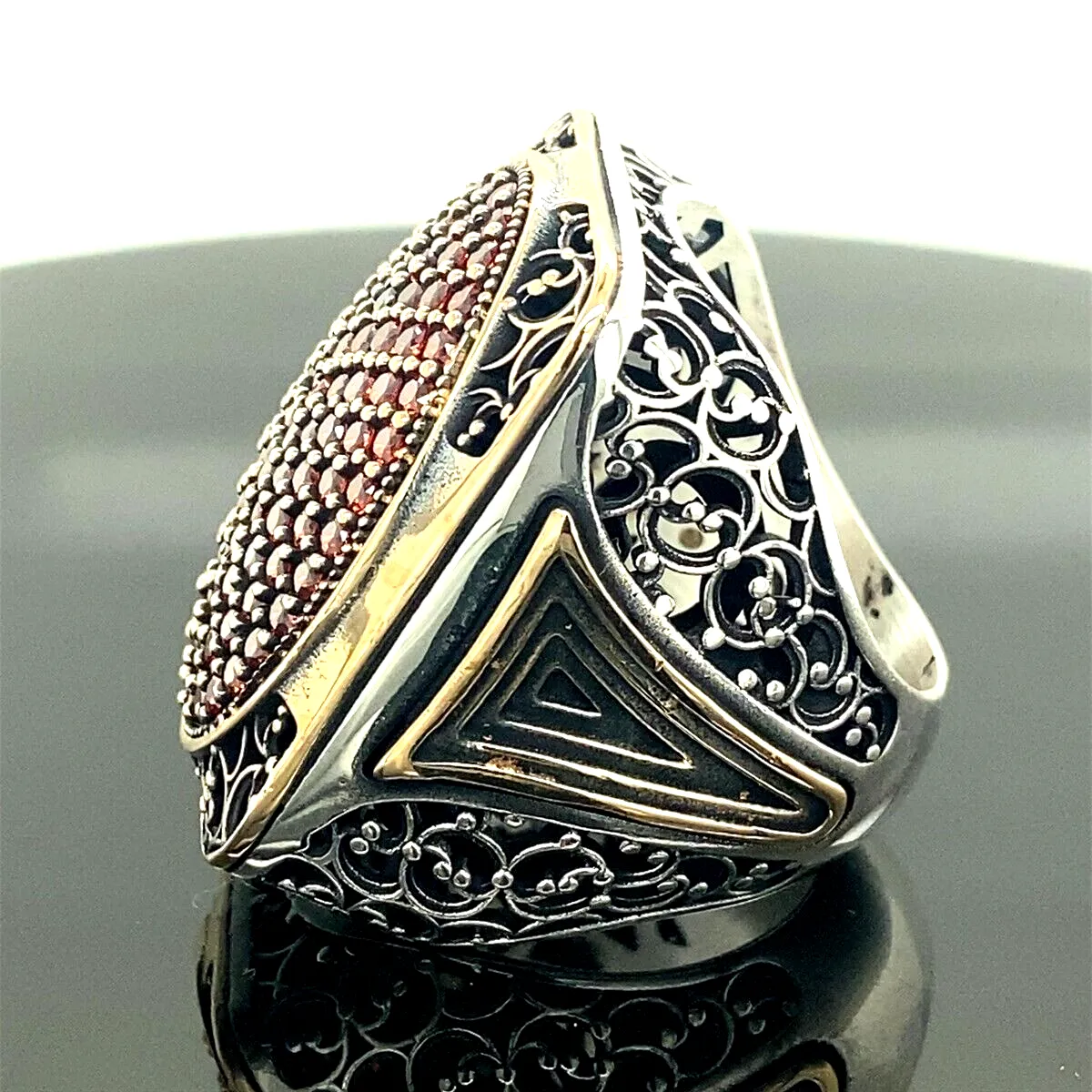 Turkish Handmade Jewelry 925 Sterling Silver Garnet Stone Engraved Mens Rings