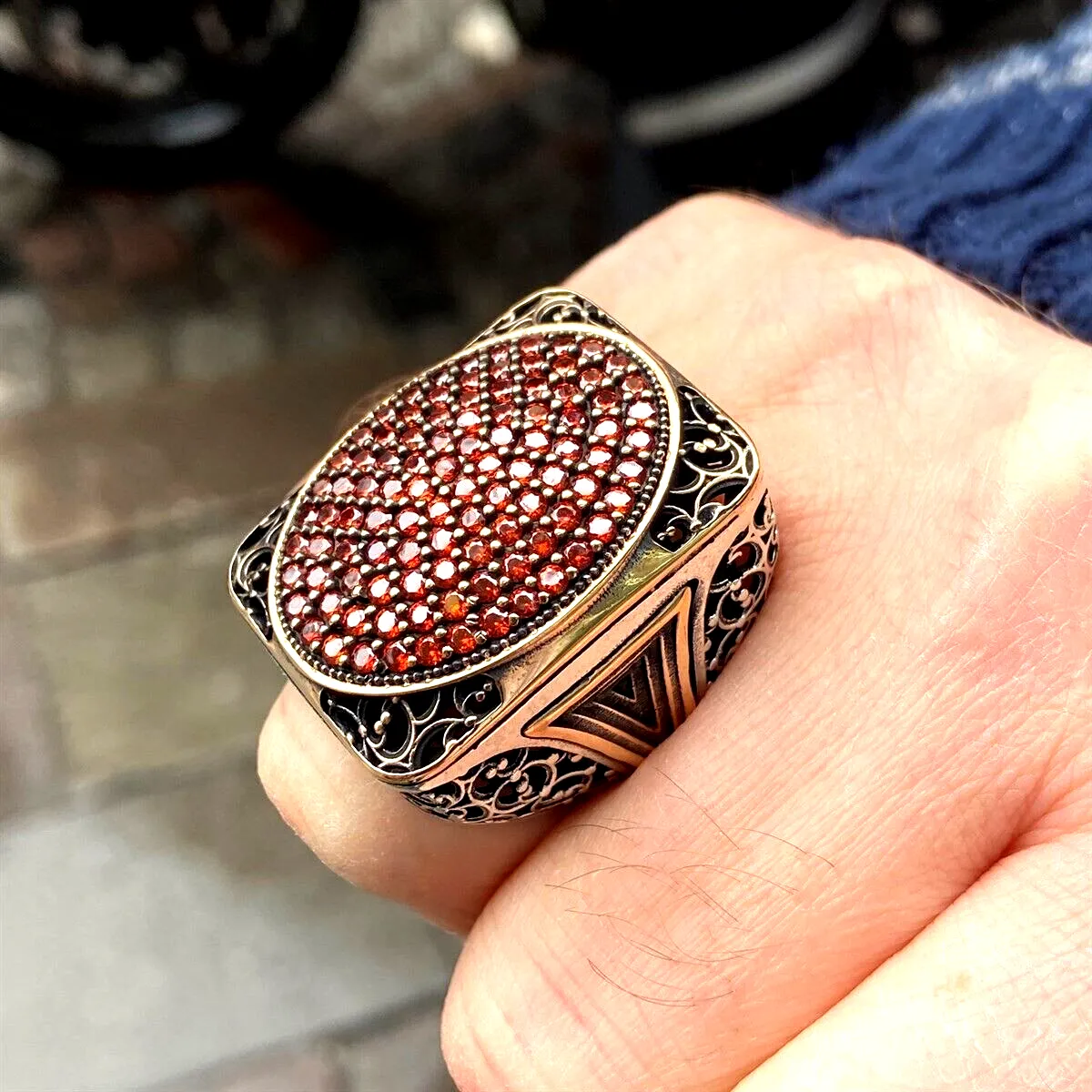 Turkish Handmade Jewelry 925 Sterling Silver Garnet Stone Engraved Mens Rings