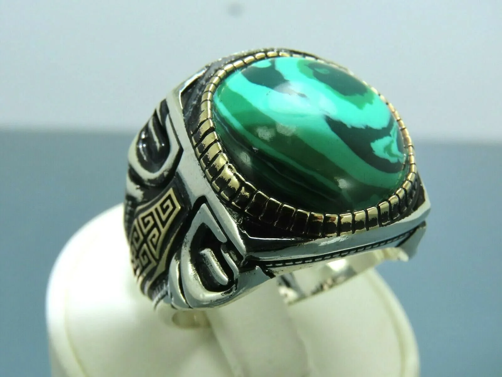 Turkish Handmade Jewelry 925 Sterling Silver Malachite Stone Men's Rings