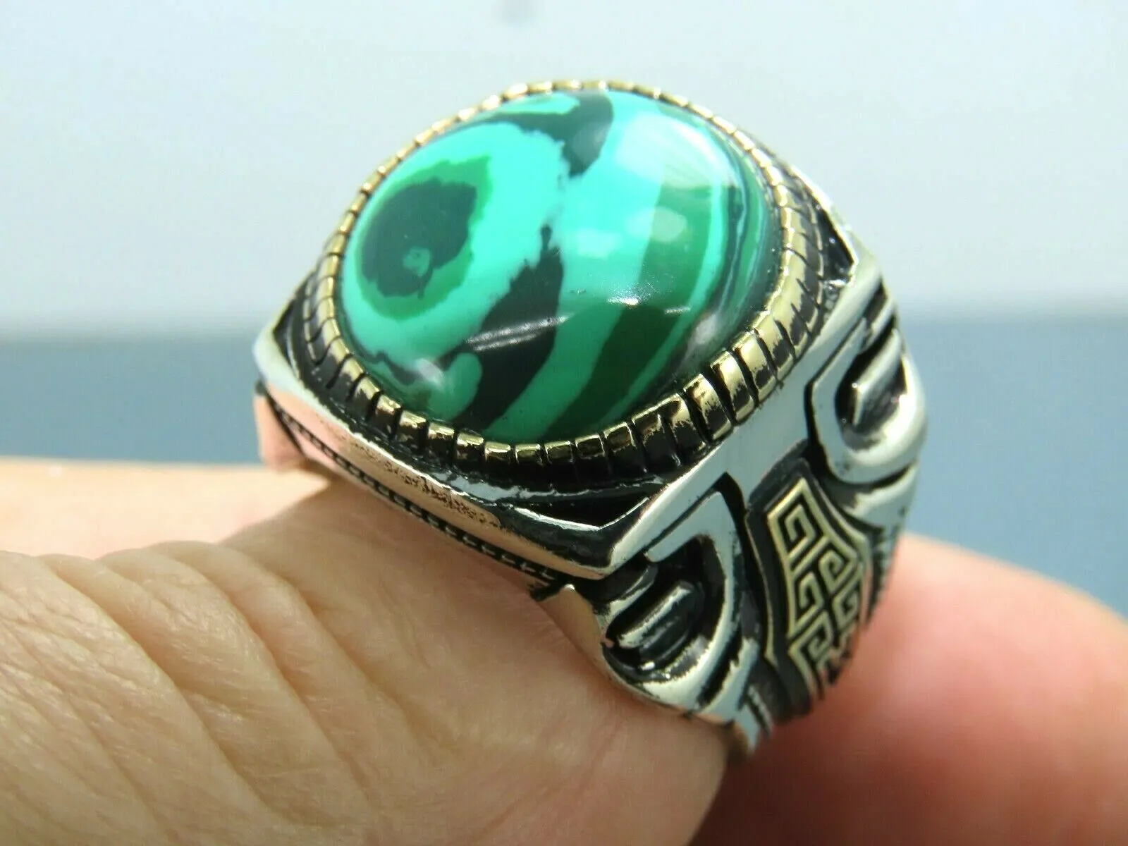 Turkish Handmade Jewelry 925 Sterling Silver Malachite Stone Men's Rings