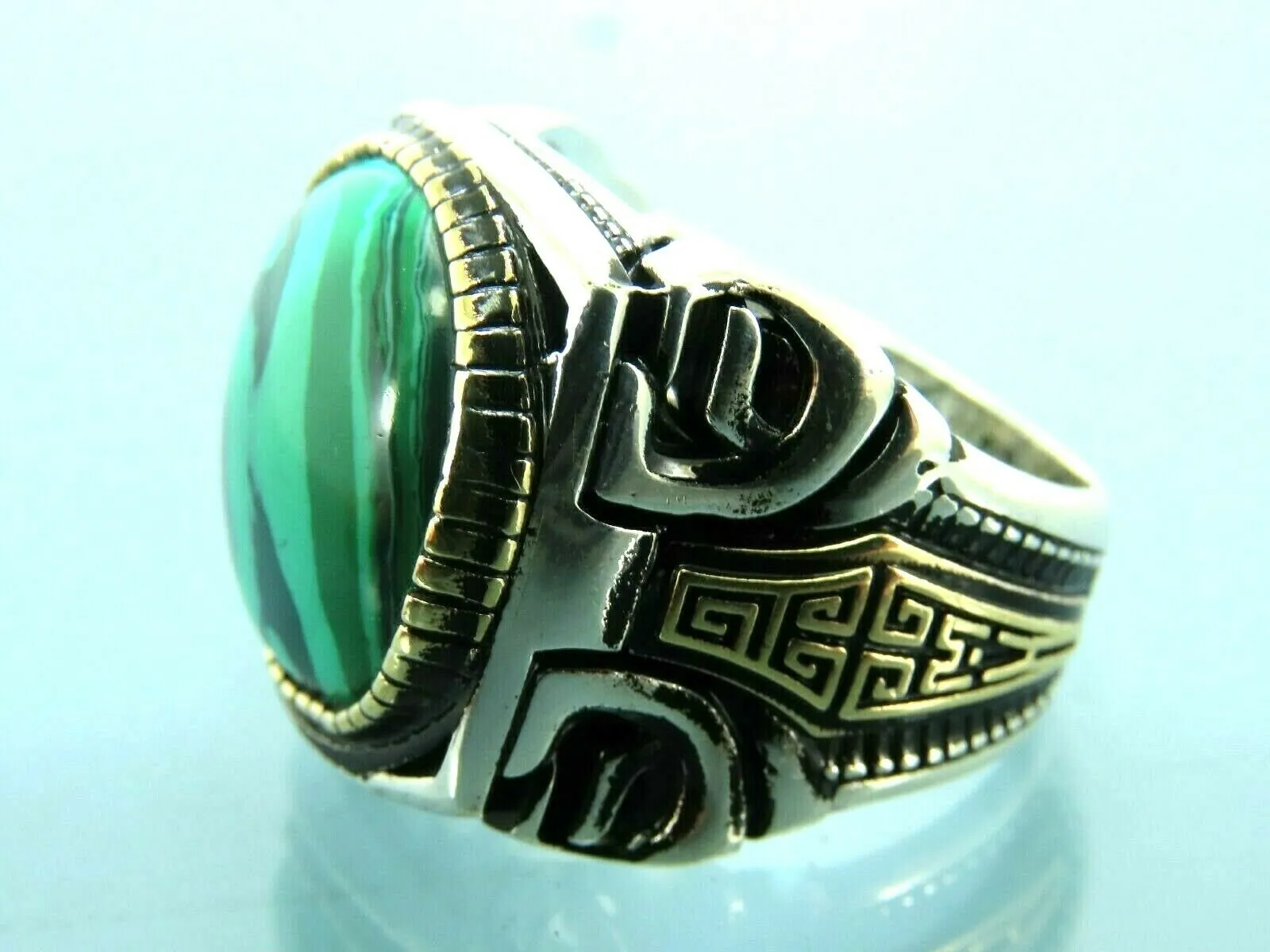 Turkish Handmade Jewelry 925 Sterling Silver Malachite Stone Men's Rings