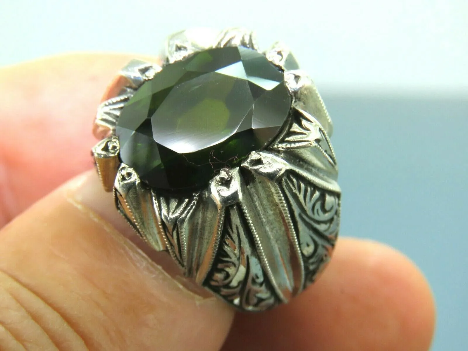 Turkish Handmade Jewelry 925 Sterling Silver Peridot Stone Engraved Mens Rings