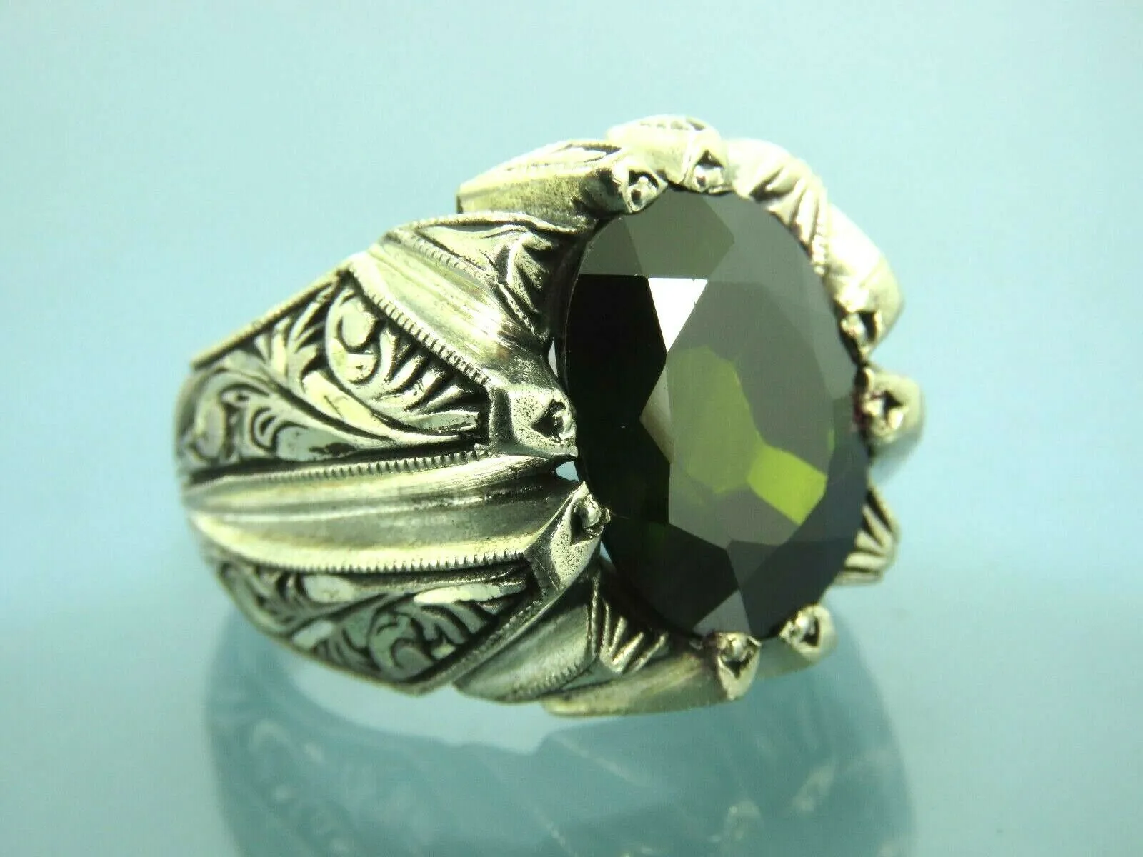 Turkish Handmade Jewelry 925 Sterling Silver Peridot Stone Engraved Mens Rings