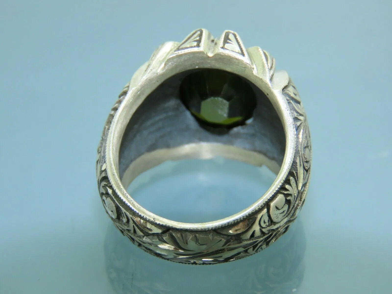 Turkish Handmade Jewelry 925 Sterling Silver Peridot Stone Engraved Mens Rings