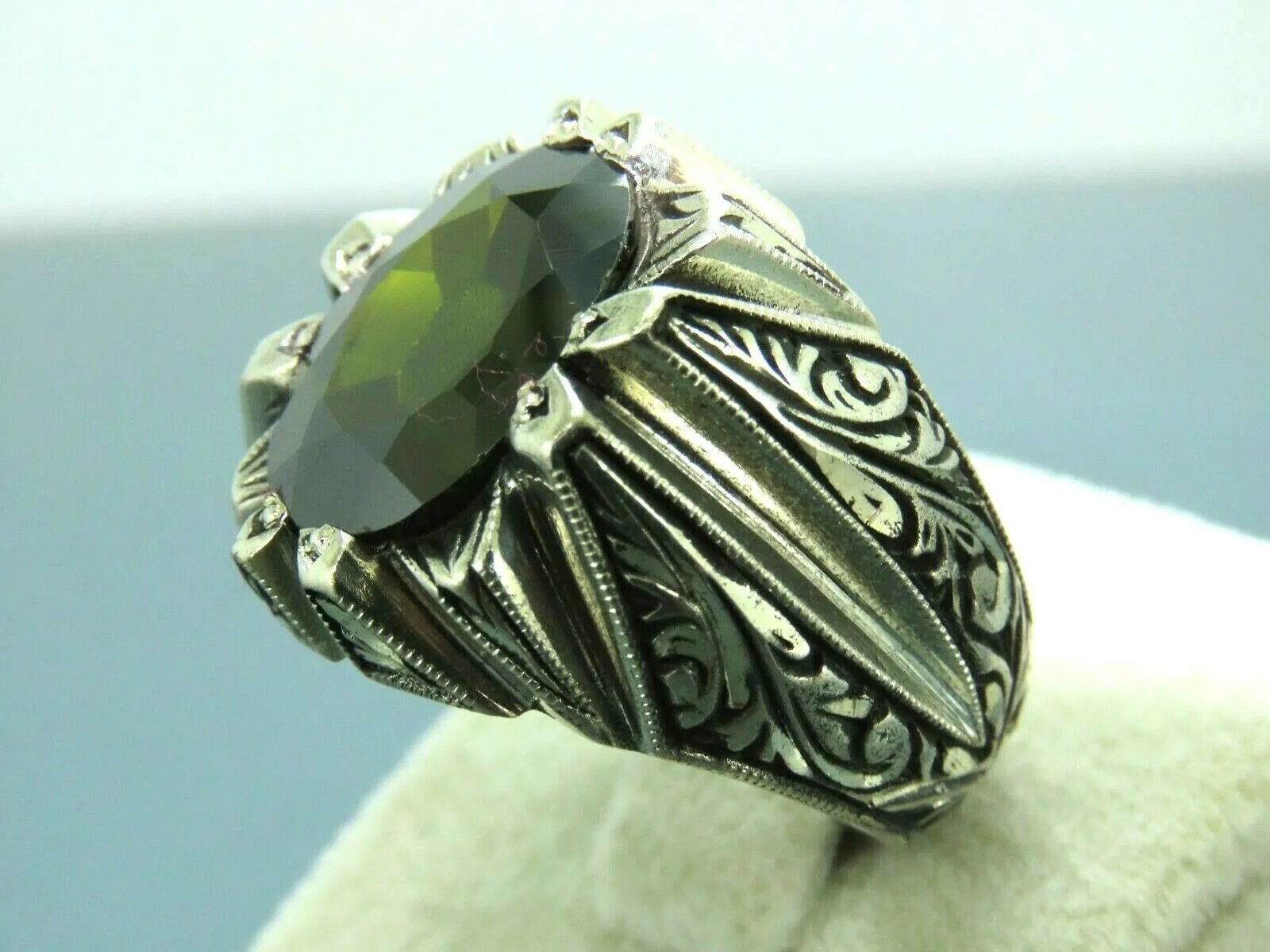 Turkish Handmade Jewelry 925 Sterling Silver Peridot Stone Engraved Mens Rings