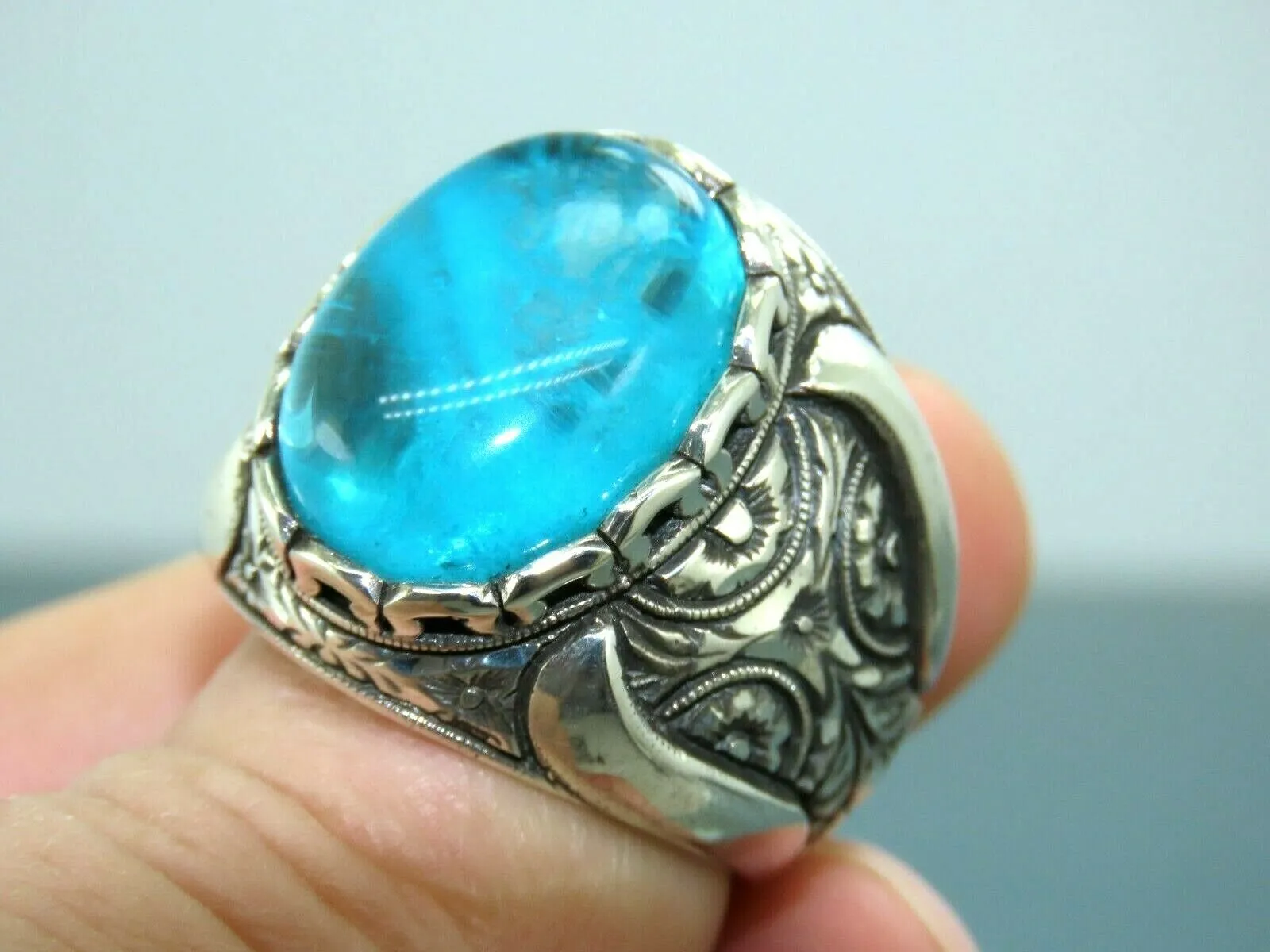 Turkish Handmade Jewelry 925 Sterling Silver Quartz Stone Engraved Mens Rings