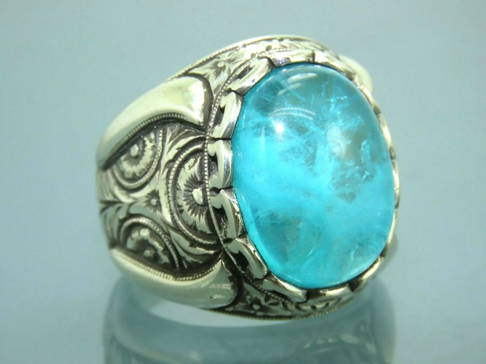 Turkish Handmade Jewelry 925 Sterling Silver Quartz Stone Engraved Mens Rings