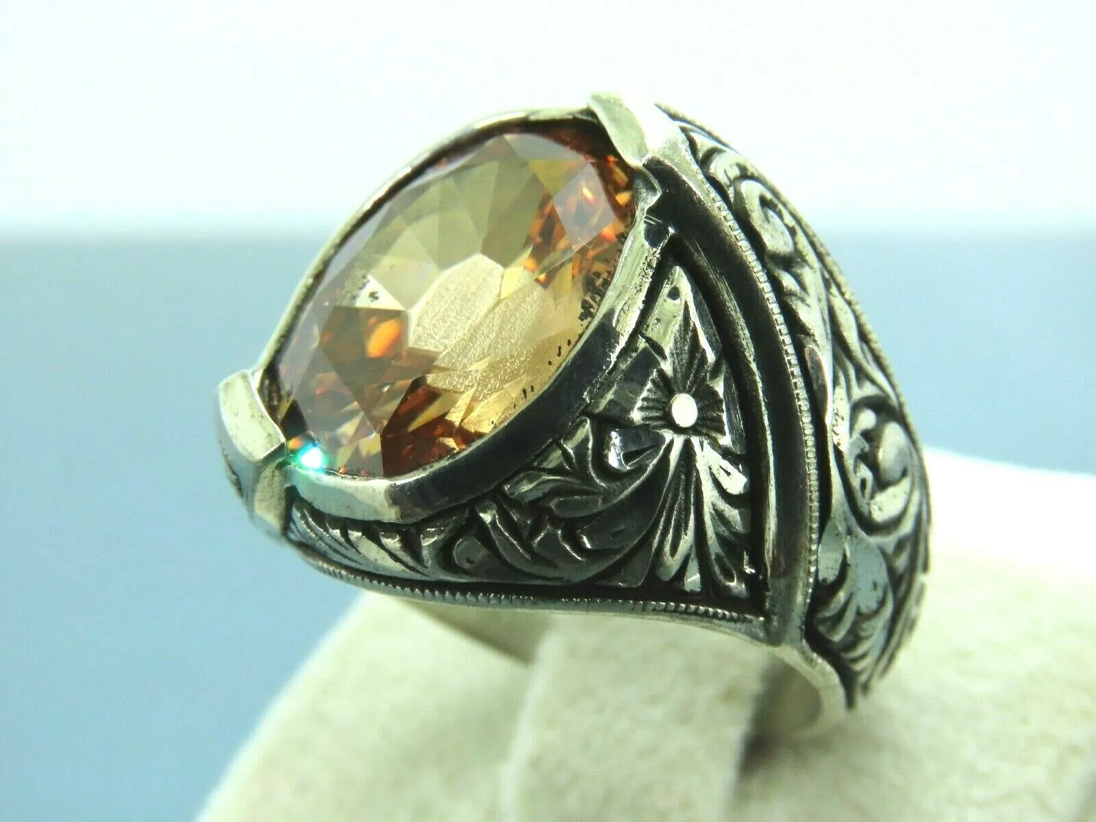 Turkish Handmade Jewelry 925 Sterling Silver Quartz Stone Engraved Mens Rings