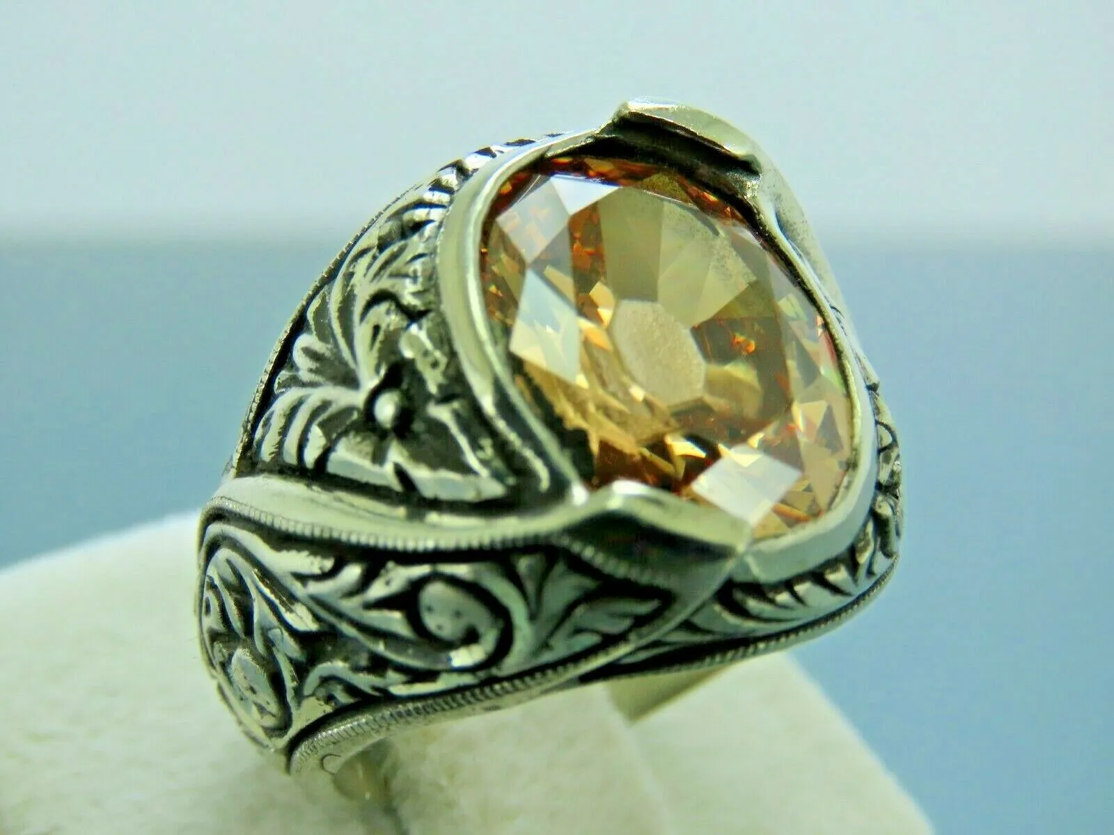 Turkish Handmade Jewelry 925 Sterling Silver Quartz Stone Engraved Mens Rings