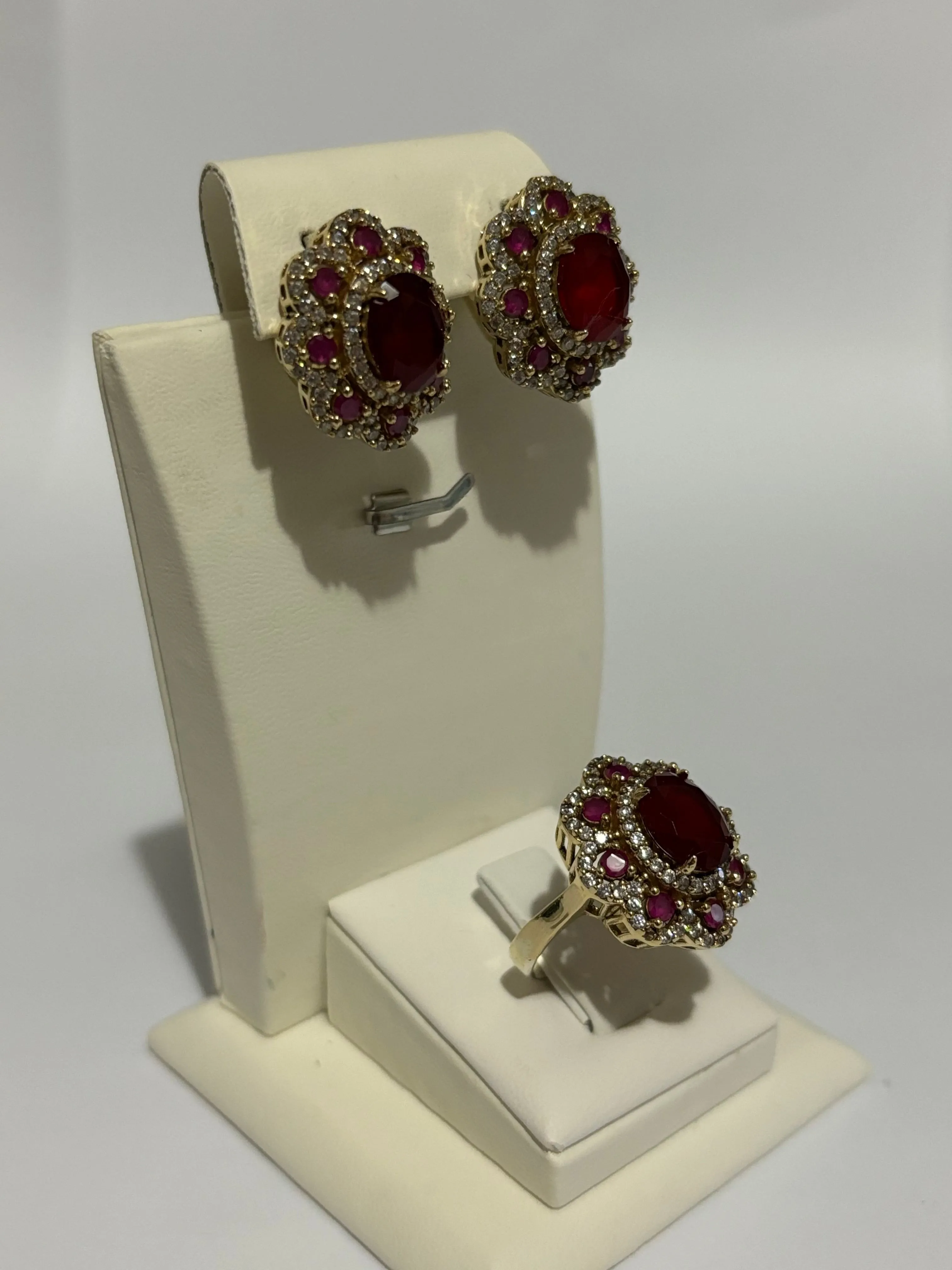 Turkish Handmade Jewelry 925 Sterling Silver Ruby Stone Women's Earrings & Ring Jewelry Set