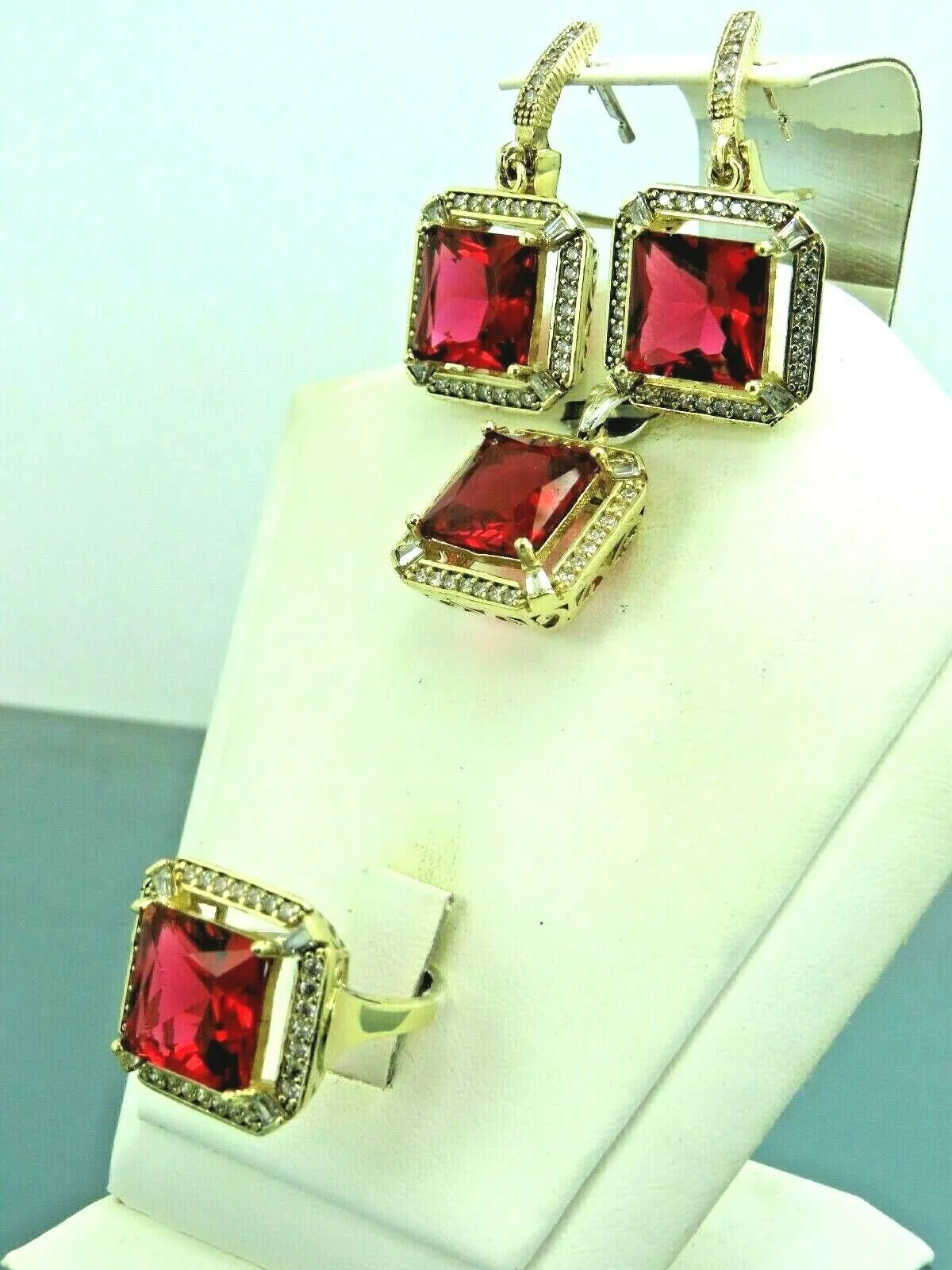 Turkish Handmade Jewelry 925 Sterling Silver Ruby Stone Women's Earrings, Pendant & Ring Jewelry Set